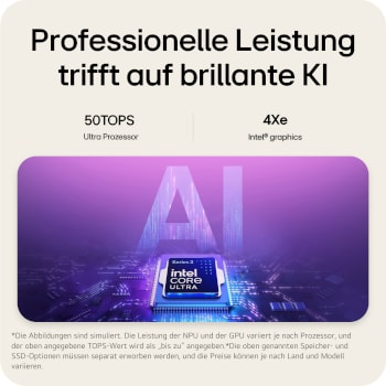 'The image features an Intel® Core™ Ultra processor set against a blue-to-purple gradient background, with large semi-transparent “AI” text layered behind the chipset.