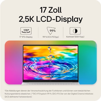 'This image shows the front view of the LG gram laptop display with a vivid, colorful liquid splash visual on the screen, set against a gradient background. Above the display, icons highlight key specifications including a 16 inch IPS display with 178° wide viewing angles, DCI-P3 99% (Typ.) color gamut, and 1500:1 (Typ.) contrast ratio. A VESA DisplayHDR True Black 1000 certification badge appears on the right, emphasizing high contrast and rich color performance.
