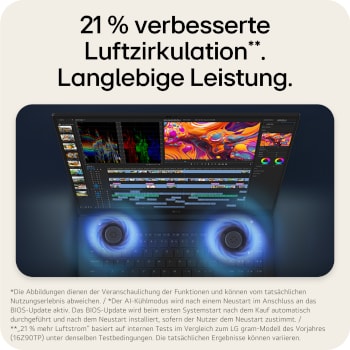 'This image shows an LG gram pro laptop displaying video editing content on the screen, with two circular blue visual elements shown beneath the keyboard area.