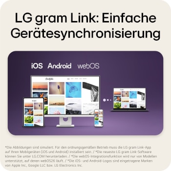 'This image shows an LG gram laptop connected with a tablet, smartphone, and desktop display, illustrating seamless multi-device syncing and content sharing across iOS, Android, and webOS using LG gram Link.