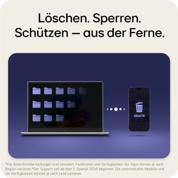 This image shows an LG Gram AI laptop on a dark background, illustrating remote security protection through ThinQ, with the device displayed as securely managed and protected even when accessed or controlled remotely.