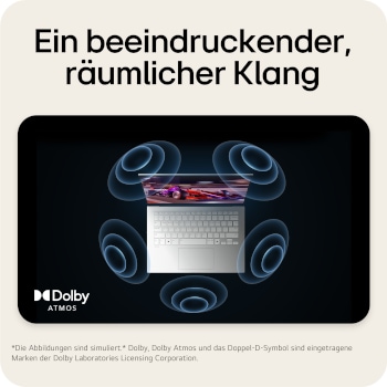 'The image shows a top-down view of a laptop with a vibrant, purple-themed graphic on the screen. Surrounding the laptop are dynamic sound wave visuals, indicating an immersive audio experience. The "Dolby Atmos" logo is displayed in the bottom right corner.