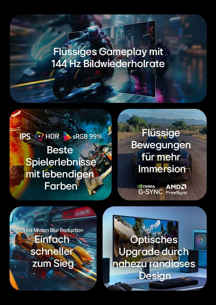 Dieses Bild zeigt die wichtigsten Merkmale eines LG-Gaming-Monitors, darunter eine Bildwiederholfrequenz von 144 Hz für flüssige Bewegungen, ein IPS-Display mit HDR und 99 % sRGB-Farbraumabdeckung für lebendige Bilder, flüssiges Gameplay dank Unterstützung von NVIDIA G-SYNC und AMD FreeSync, eine Reaktionszeit von 1 ms (MBR) für rasante Spiele sowie ein nahezu randloses Design für ein immersives Spielerlebnis.