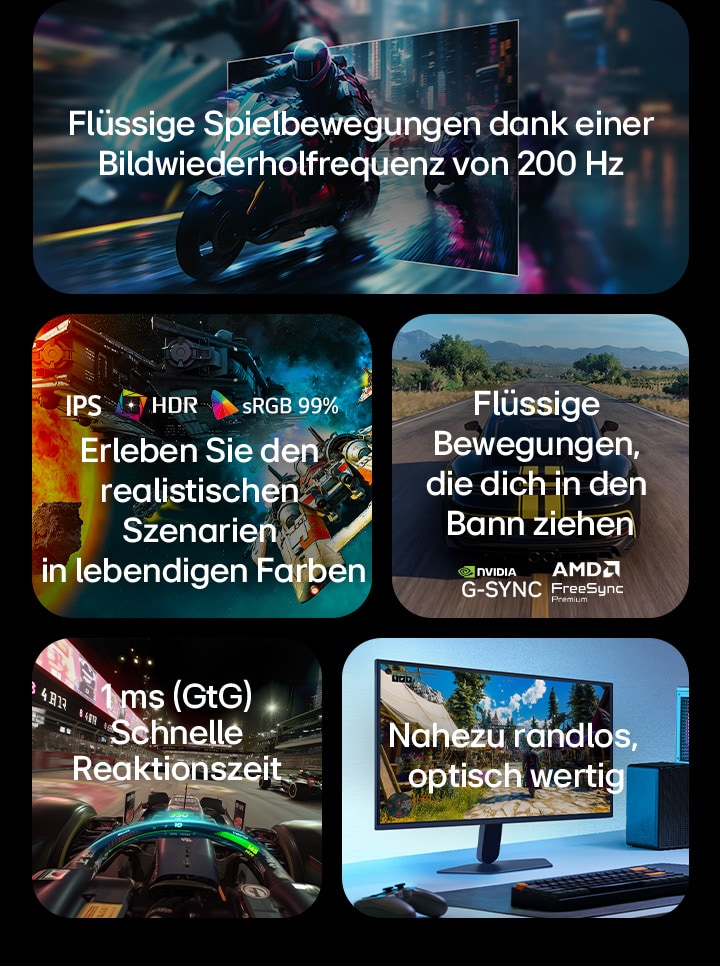 Dieses Bild zeigt die wichtigsten Features des LG Gaming-Monitors. Eine Bildwiederholrate von 200 Hz für flüssige Bewegungen. Ein IPS-Display mit HDR und 99 % sRGB-Farbraumabdeckung für lebendige Bilder. NVIDIA G-SYNC und AMD FreeSync Premium für flüssiges Gameplay. Eine Reaktionszeit von 1 ms (GtG) für rasante Spiele. Ein nahezu randloses Design für ein immersives Spielerlebnis.