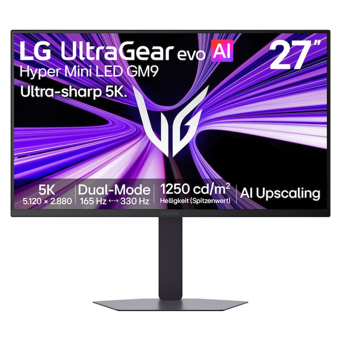 Front view of 27-inch UltraGear evo GM9, Hyper Mini LED Gaming Monitor with Dual Mode (5K 165Hz or QHD 330Hz) (27GM950B)