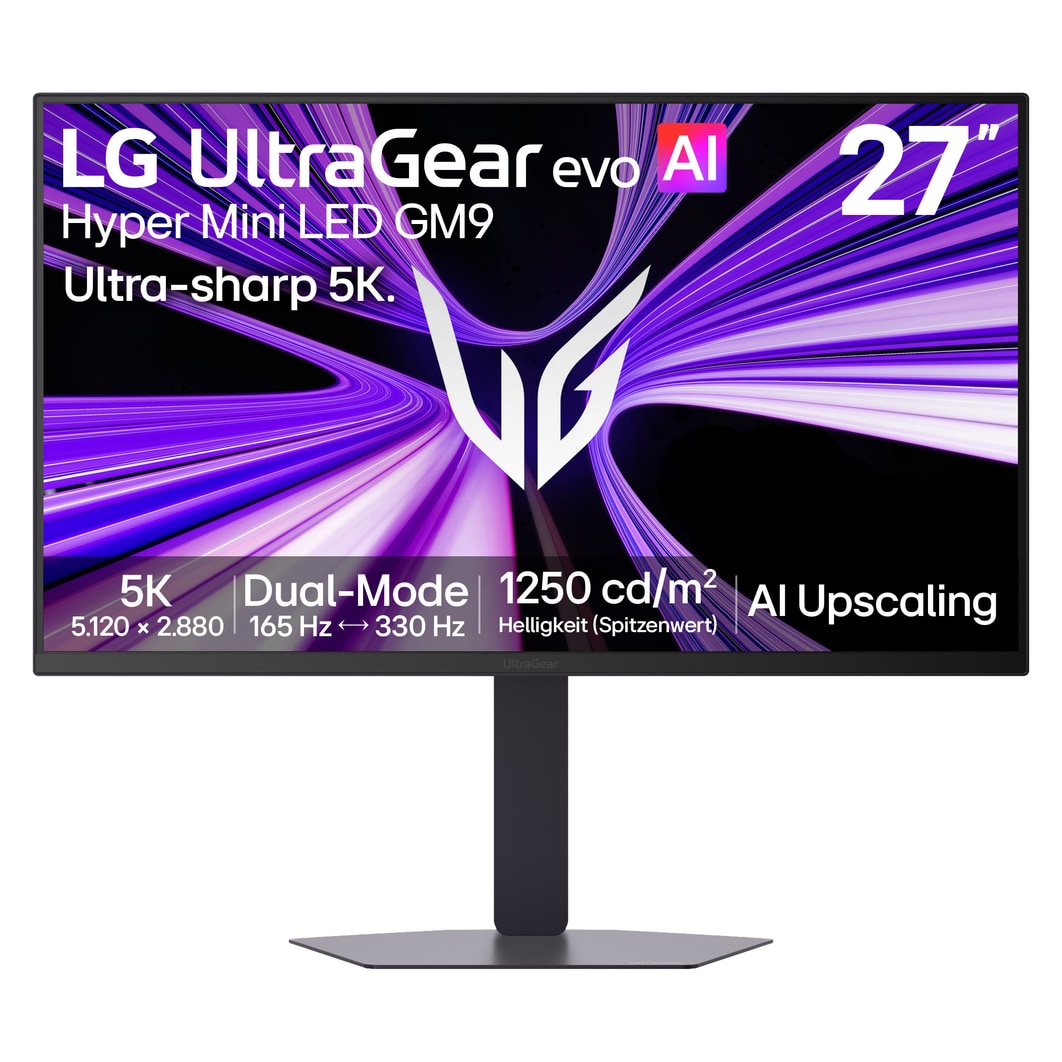 Front view of 27-inch UltraGear evo GM9, Hyper Mini LED Gaming Monitor with Dual Mode (5K 165Hz or QHD 330Hz) (27GM950B)