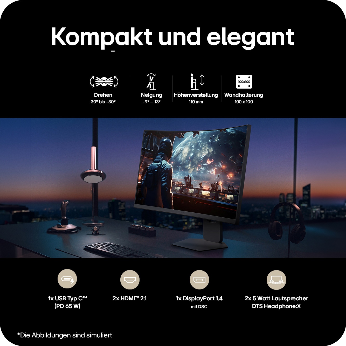Vorderansicht des Monitors mit tiefgestelltem Standfuß