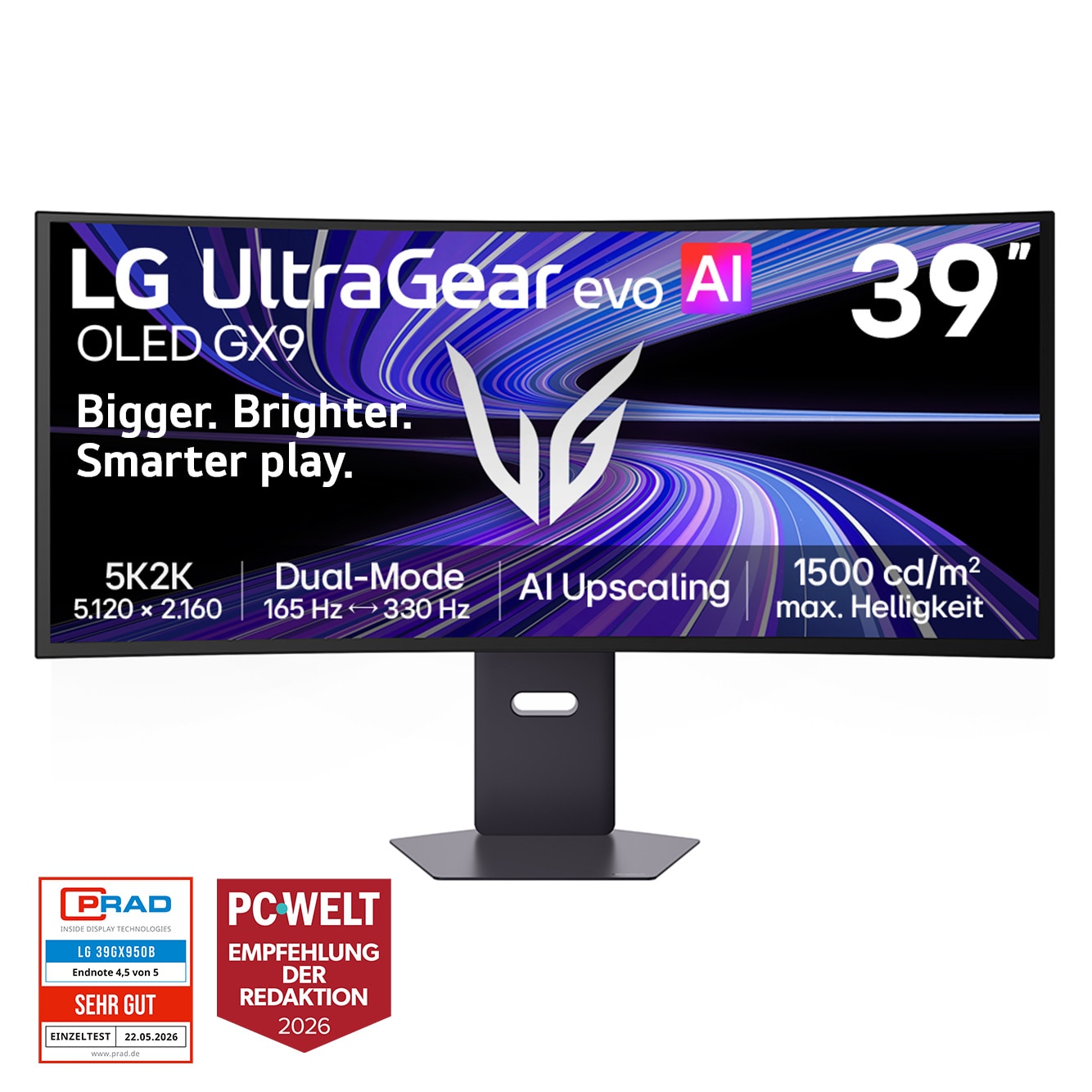 Vorderseite von 39-Zoll-UltraGear evo GX9, der weltweit erste 39-Zoll-5K2K-OLED-Gaming-Monitor 39GX950B-B