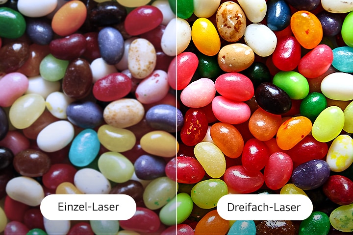 'Vergleichsbild, das die Farbunterschiede zwischen Single-Laser- und Triple-Laser-Projektion zeigt.