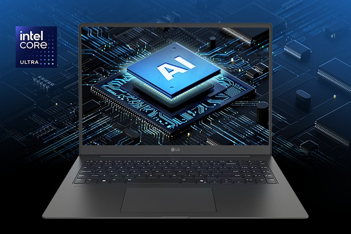 Ein Laptop mit einer KI-Chip-Grafik auf dem Bildschirm, umgeben von einem futuristischen Platinendesign, das die fortschrittlichen Verarbeitungsfähigkeiten unterstreicht. Das Intel Core Ultra-Logo wird in der unteren linken Ecke deutlich angezeigt und unterstreicht die herausragende Leistung.	