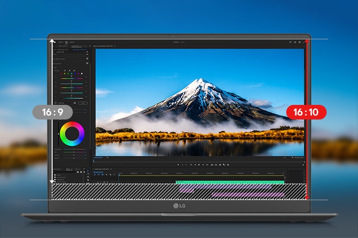 Ein Laptop, auf dessen Bildschirm eine Videobearbeitungsoberfläche mit einer atemberaubenden Berglandschaft zu sehen ist. Eine Animation, die den Übergang von einem Bildseitenverhältnis von 16:9 zu einem Bildseitenverhältnis von 16:10 hervorhebt und den erweiterten vertikalen Arbeitsbereich hervorhebt, der durch das Bildseitenverhältnis von 16:10 bereitgestellt wird.	