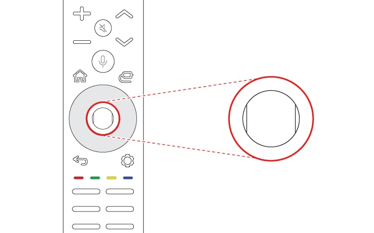 Um die Magic Remote-Fernbedienung verwenden zu können, musst du sie zunächst mit deinem Fernseher koppeln Lege die Batterien zuerst in die Magic Remote ein und schalte den Fernseher ein Richen Sie dann die Magic Remote-Fernbedienung auf deinen Fernseher und drücke die Radtaste (OK) auf der Fernbedienung  Wenn der Fernseher die Magic Remote-Fernbedienung nicht erkennt, versuche es erneut, nachdem du den Fernseher aus- und wieder eingeschaltet hast.