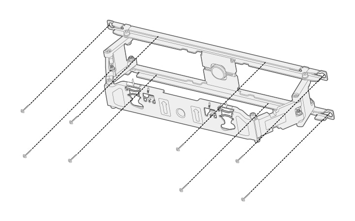 Wir empfehlen, dieses Produkt nur an Betonwänden anzubringen Andere Wandtypen, wie Holz, Sperrholz oder Ziegel, sind für die Montage nicht geeignet und können dazu führen, dass die Wandbefestigung sich löst Positionieren Sie die Wandbefestigung an der gewünschten Stelle an der Wand und markieren Sie die Position für die Wandschrauben, bevor Sie die Wandbefestigung wieder entfernen Bringen Sie eine Schraube für die Wandbefestigung an der oberen linken und rechten Seite sowie jeweils eine Schraube an der unteren linken und rechten Seite an. Verwenden Sie einen Kreuzschlitzschraubendreher (manuell oder elektrisch), um die Schrauben so festzuziehen, dass die Schrauben die Wandoberfläche und die Wandbefestigung vollständig berühren