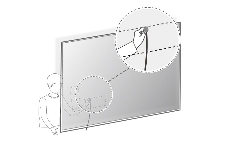2 Die Position des Kabels von der Seite aus überprüfen und das Kabel an den Fernseher anschließen Deinen Körper so nah wie möglich an die Wand hinter dem Fernseher bringen und die Kabel mithilfe des Kabelhalters ordnen  Die Positionen von Kabelanschlussbuchsen sind vom konkreten Modell abhängig