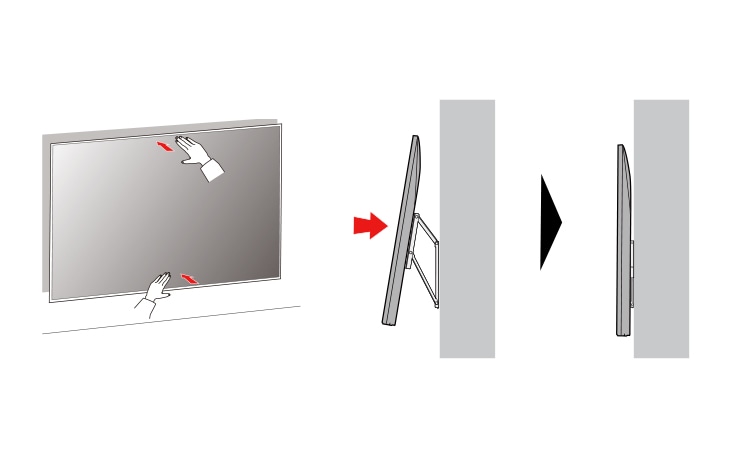 3 Den Fernseher dicht an die Wand drücken Dabei unbedingt vorsichtig an der Oberseite und Unterseite auf den Fernseher drücken damit der Fernseher nicht durch das Drücken beschädigt wird Noch einmal vorsichtig auf die Mitte des Fernsehers drücken bis der Fernseher vollständig an der Wand sitzt  Achtung Keine übermäßige Kraft auf den Bildschirm ausüben Andernfalls kann der Bildschirm beschädigt werden