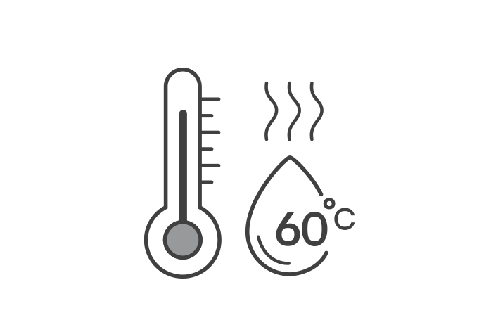 Links ist ein Thermometer zu sehen, vorne heißes Wasser, und rechts deutlich sichtbar eine Beschriftung mit 75 °C.	