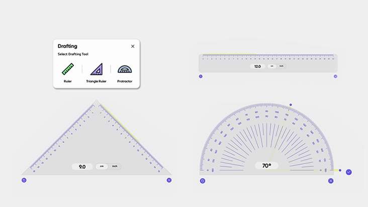 Demonstration des verwendeten digitalen Lineals und Winkelmessers von LG CreateBoard Lab.
