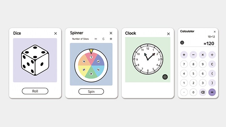 Ein Bild, das die Werkzeuge Würfel, Spinner, Uhr und Taschenrechner anzeigt.