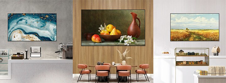 Dieses Bild zeigt Displays in verschiedenen Räumen, auf denen verschiedene Kunstwerke ausgestrahlt werden, wobei die Art Lounge-Funktion verwendet wird, um eine unterhaltende Atmosphäre zu schaffen.