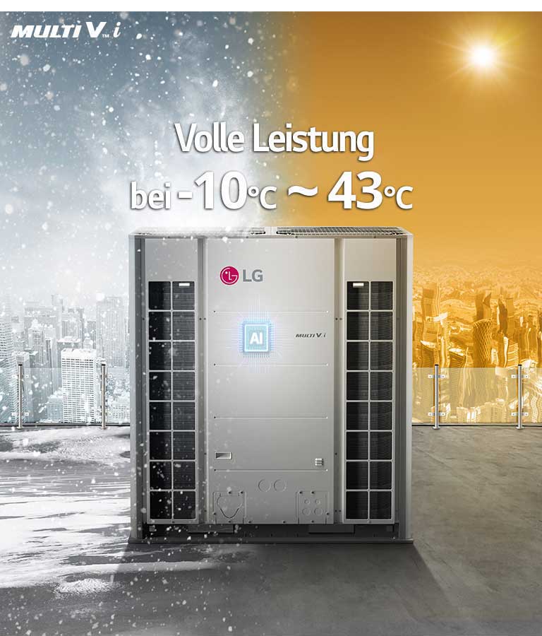 MULTI V i wird auf dem Dach des Gebäudes installiert, Im Hintergrund ist winterliche Kälte und sommerliche Hitze zu sehen. Der folgende Text wird oben auf dem Produkt hervorgehoben: 'Volle Leistung in -10℃ bis 43℃'