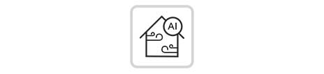 Ein Haus mit schwarzem Umriss, das Luftströme aus mehreren Richtungen erhält, mit einer Lupe, in die das Wort „KI“ eingraviert ist.