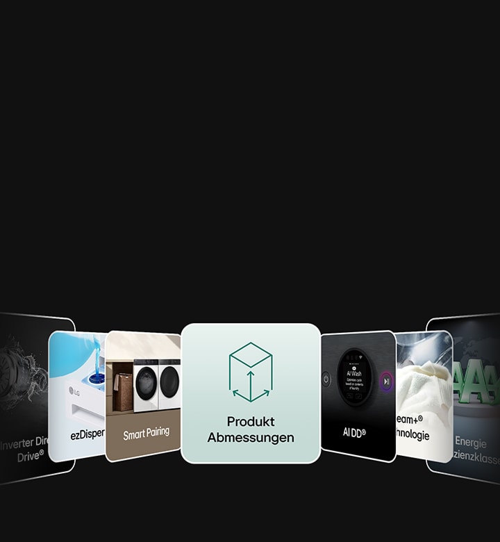 LG laundry appliance feature cards arranged in 3D on a black background, displaying Inverter Drive, ezDisper, Smart Pairing, Product Dimensions, AI DD, and Energy Efficiency Class.