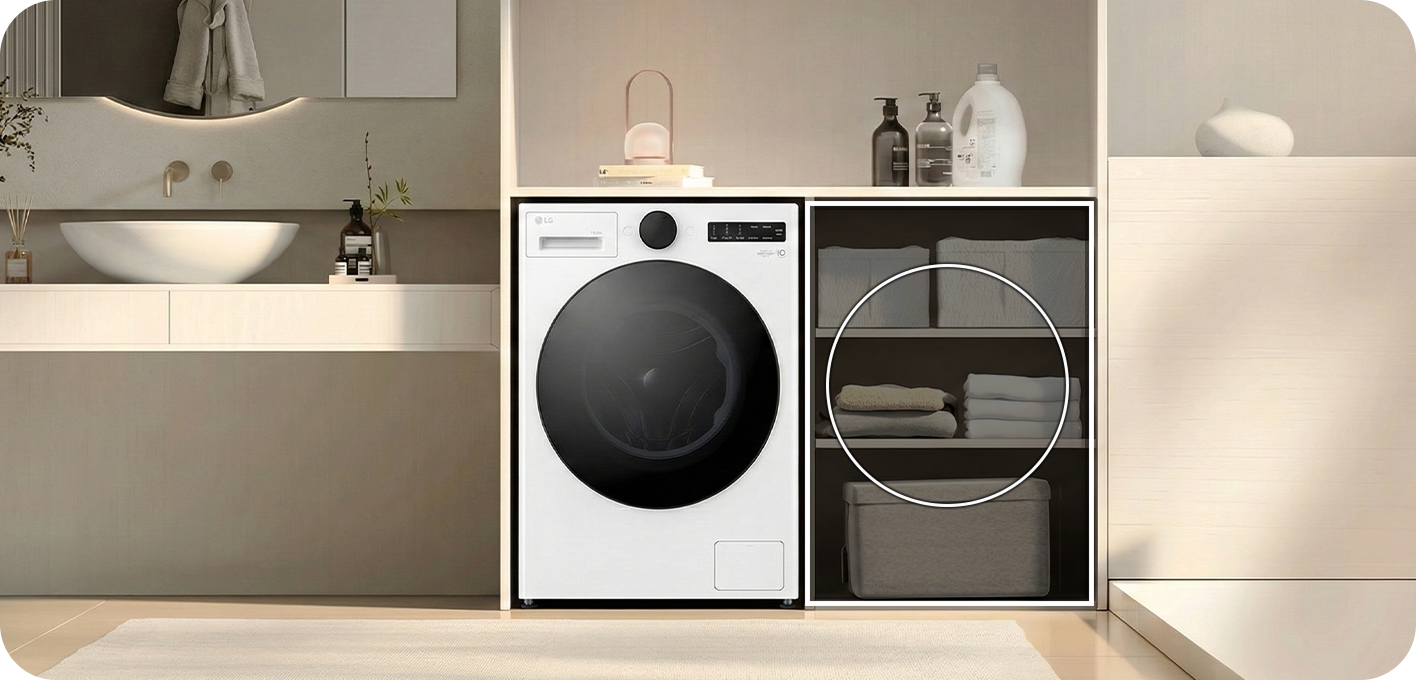 A white front-loading washing machine is installed in a laundry room setting. A vertical dimension line on the right shows the height '850', and a horizontal dimension line at the bottom shows the width '600'. Folded towels sit on top, with a laundry basket and a sink visible on the left.