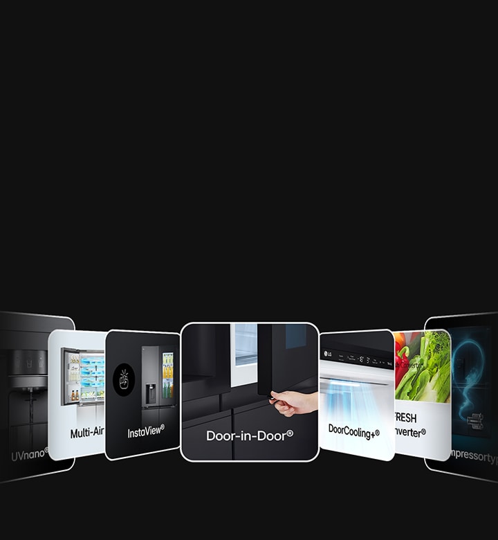 Eine Reihe von LG Kühl-Gefrierkombinationen wird in einer horizontalen Kartenansicht präsentiert, die Funktionen wie UVnano, Multi-Air Flow, InstaView, Door-in-Door, DoorCooling+ und Fresh Converter zeigt.