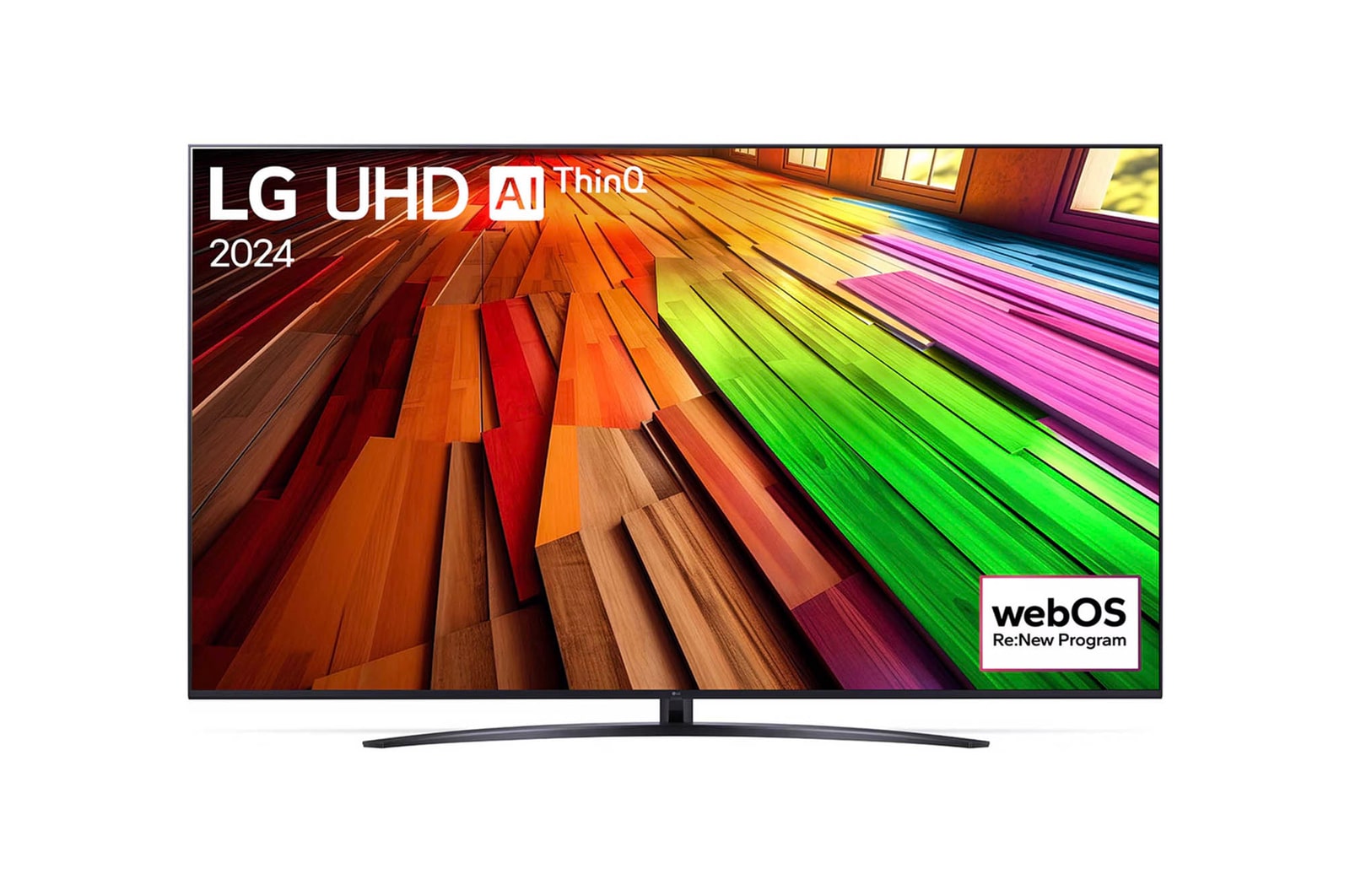 Frontansicht des UHD AI ThinQ 4K UT81 Smart TV ohne sichtbares Logo, zeigt Startbildschirm mit farbenfrohem Muster.