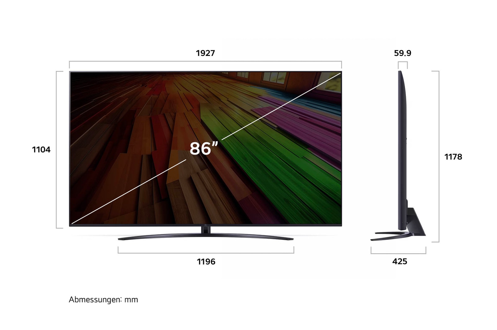 Abmessungen des 86 Zoll UHD AI ThinQ 4K UT81 Smart TV: Breite 1927 mm, Höhe 1178 mm, Tiefe 425 mm (Standfuß), 59,9 mm (Panel).