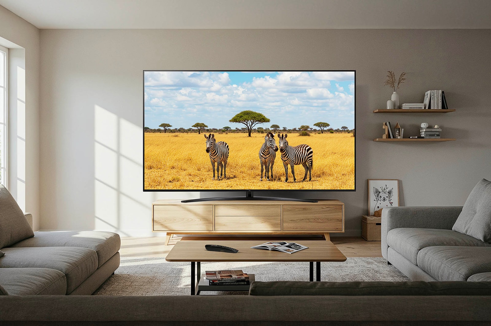 Der LG UHD AI ThinQ 4K UT81 Smart TV in einem Wohnzimmer, zeigt eine Safari-Szene mit hoher Bildschärfe.