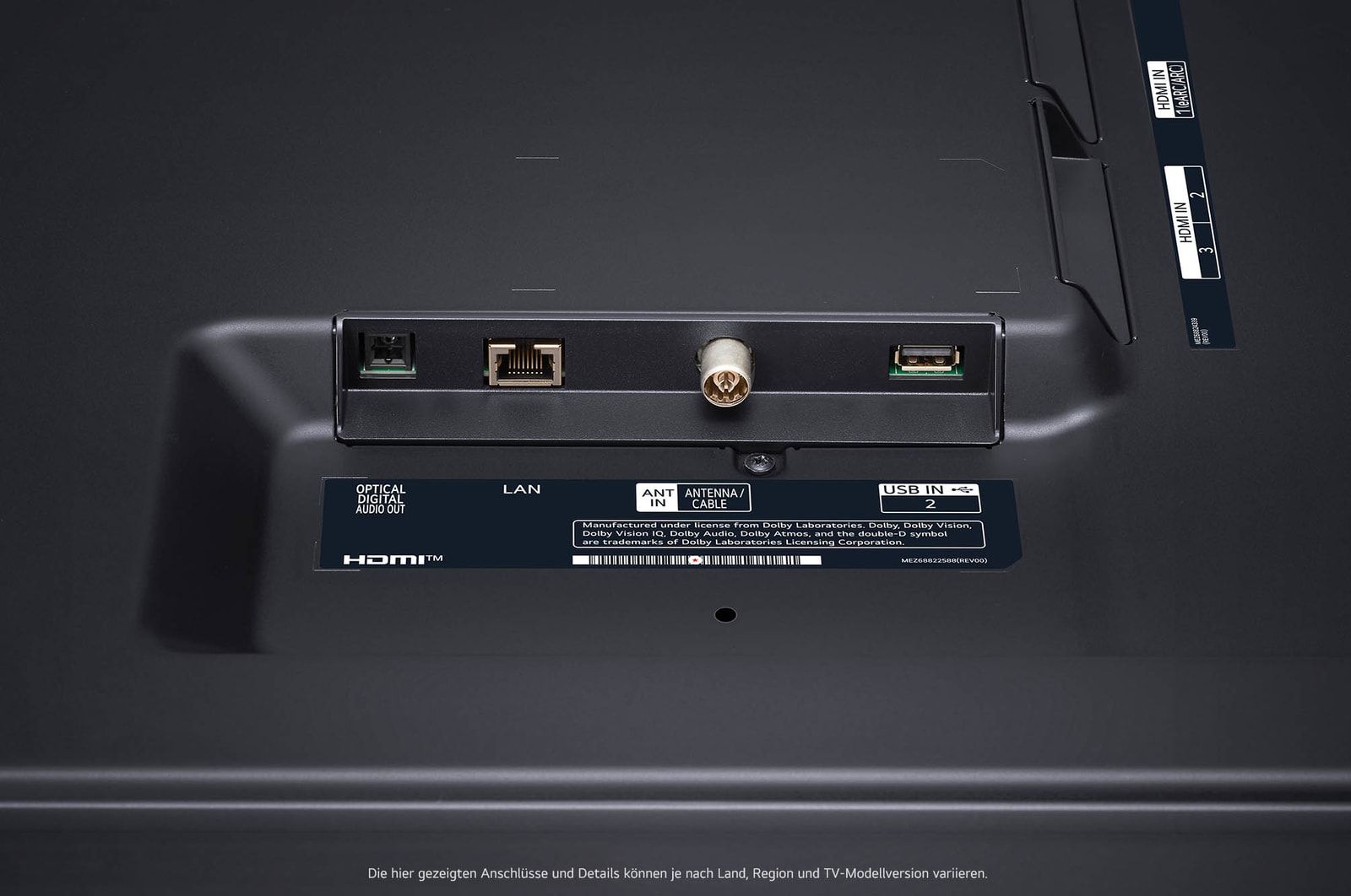 Nahaufnahme der Rückseite des LG UHD AI ThinQ 4K UT81 Smart TV mit LAN-, Antennen- und optischem Audioanschluss.