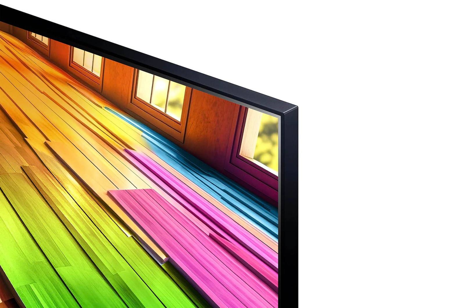 Nahaufnahme der oberen rechten Bildschirmecke des LG UHD AI ThinQ 4K UT81 Smart TV, zeigt den dünnen Rahmen.