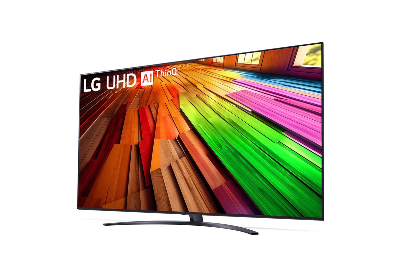Schräg rechte Vorderansicht des LG UHD AI ThinQ 4K UT81 Smart TV mit farbenfrohem Bildinhalt.