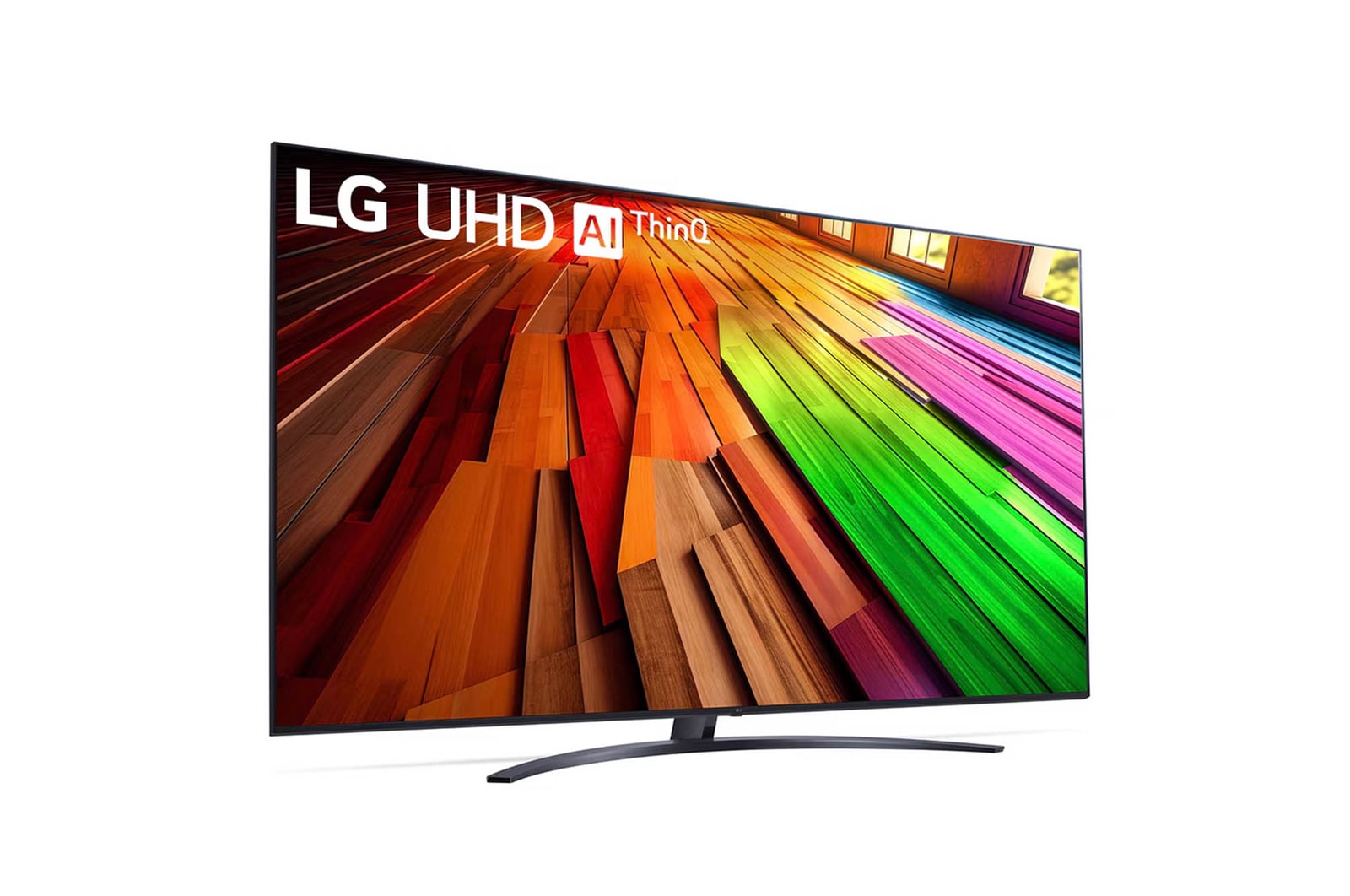 Linke Schrägansicht des LG UHD AI ThinQ 4K UT81 Smart TV mit LG UHD Logo und leuchtenden Farben.