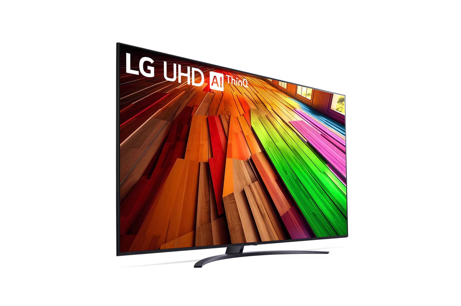 Rechte Schrägansicht des LG UHD AI ThinQ 4K UT81 Smart TV, Bildschirm zeigt kontrastreiche Darstellung.