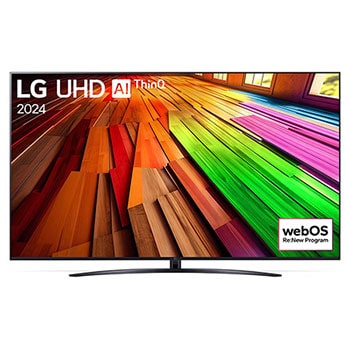 Frontansicht des UHD AI ThinQ 4K UT81 Smart TV ohne sichtbares Logo, zeigt Startbildschirm mit farbenfrohem Muster.