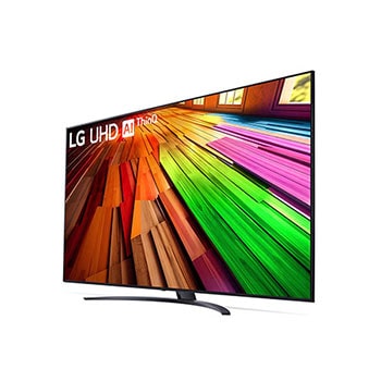 Schräg linke Vorderansicht des LG UHD AI ThinQ 4K UT81 Smart TV mit buntem Muster auf dem Bildschirm.