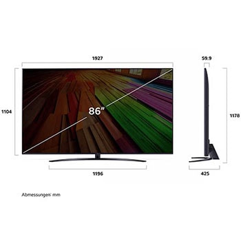 Abmessungen des 86 Zoll UHD AI ThinQ 4K UT81 Smart TV: Breite 1927 mm, Höhe 1178 mm, Tiefe 425 mm (Standfuß), 59,9 mm (Panel).