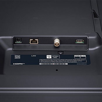 Nahaufnahme der Rückseite des LG UHD AI ThinQ 4K UT81 Smart TV mit LAN-, Antennen- und optischem Audioanschluss.