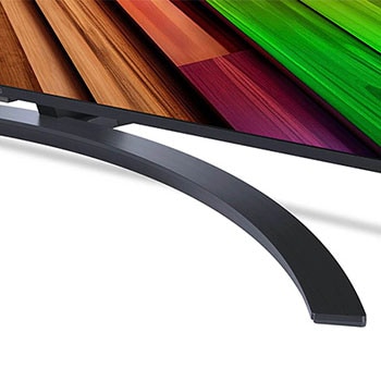 Detailansicht des zentralen Standfußes des LG UHD AI ThinQ 4K UT81 Smart TV mit geschwungener Form.
