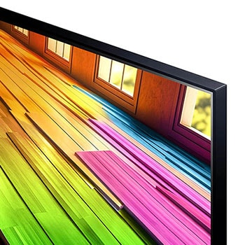 Nahaufnahme der oberen rechten Bildschirmecke des LG UHD AI ThinQ 4K UT81 Smart TV, zeigt den dünnen Rahmen.