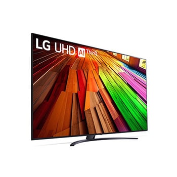 Rechte Schrägansicht des LG UHD AI ThinQ 4K UT81 Smart TV, Bildschirm zeigt kontrastreiche Darstellung.