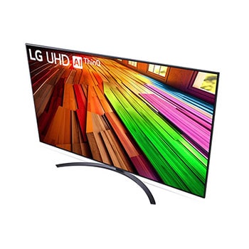 Schrägansicht von oben rechts auf den LG UHD AI ThinQ 4K UT81 Smart TV mit geschwungenem Standfuß.