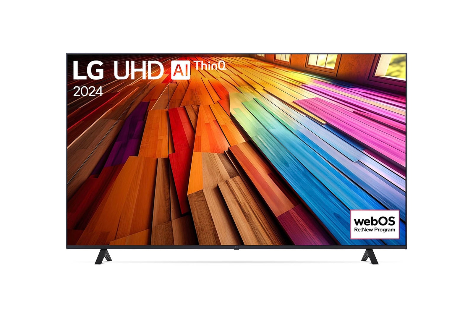 Frontansicht des LG UHD AI ThinQ 4K UT80 Smart TV mit angezeigter Startbildschirm-Oberfläche.