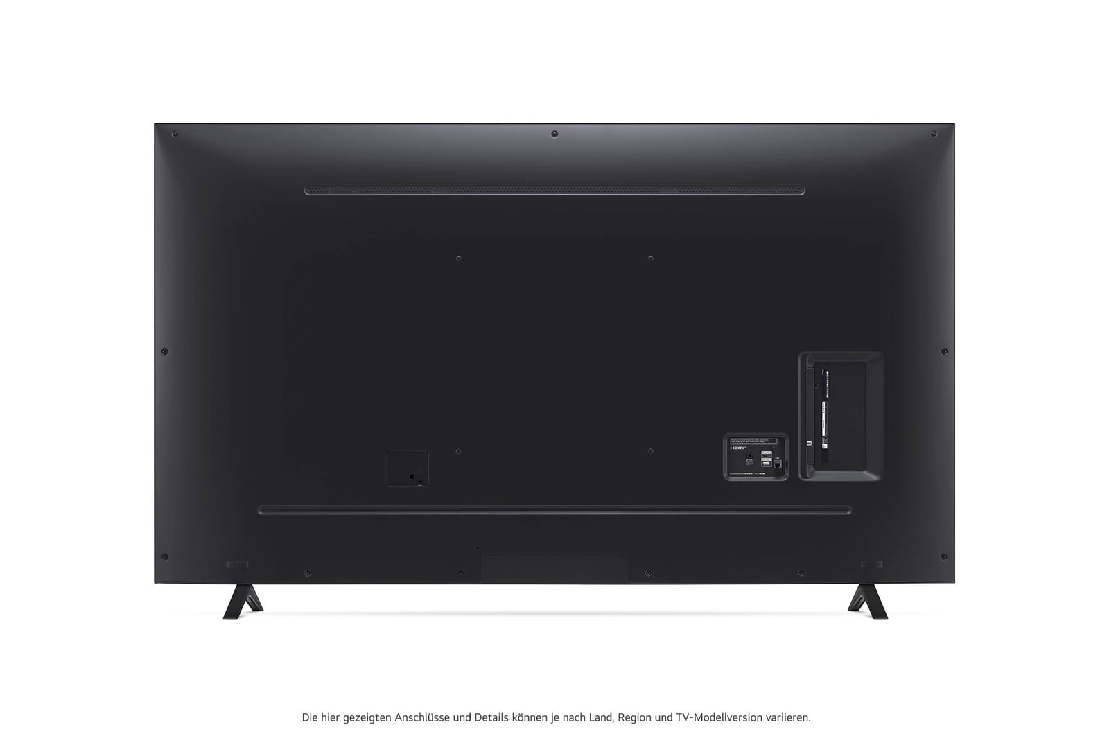 Rückansicht des LG UHD AI ThinQ 4K UT80 Smart TV mit Rückwandlayout und Standfußbefestigung.