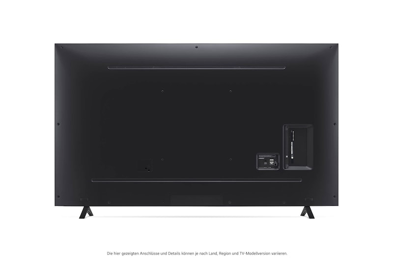 Rückansicht des LG UHD AI ThinQ 4K UT80 Smart TV mit Rückwandlayout und Standfußbefestigung.