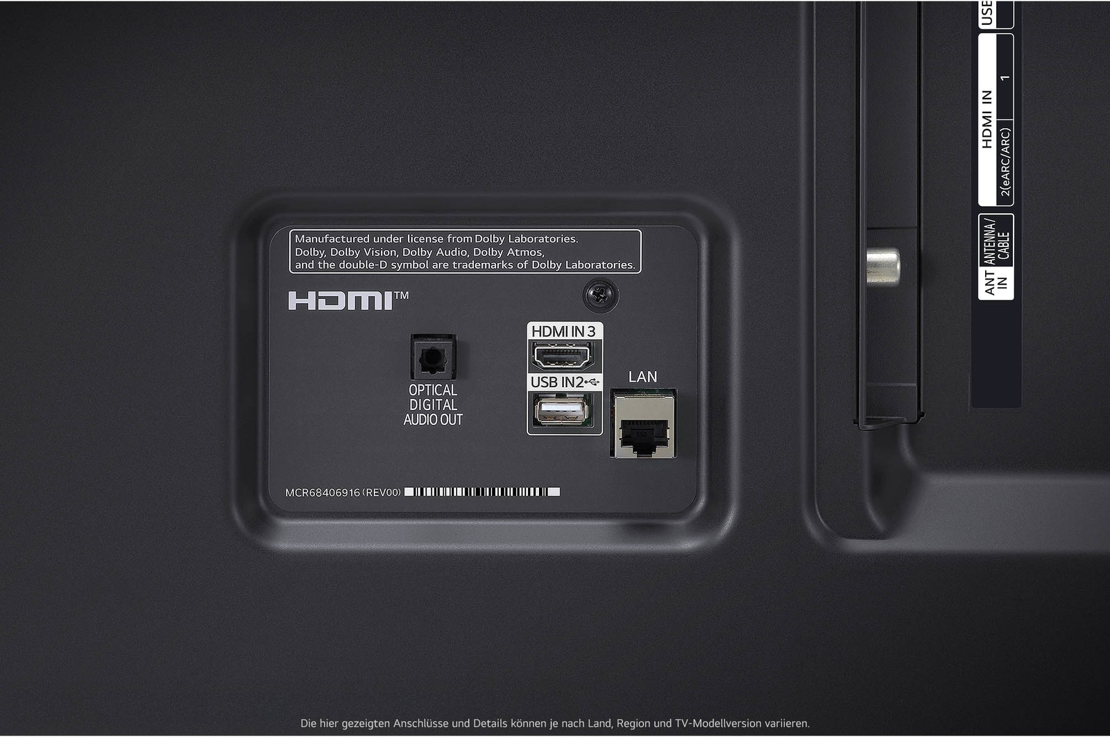 Detailaufnahme der Rückanschlüsse des LG UHD AI ThinQ 4K UT80 Smart TV mit RF- und Audioeingängen.
