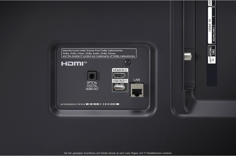 Detailaufnahme der Rückanschlüsse des LG UHD AI ThinQ 4K UT80 Smart TV mit RF- und Audioeingängen.
