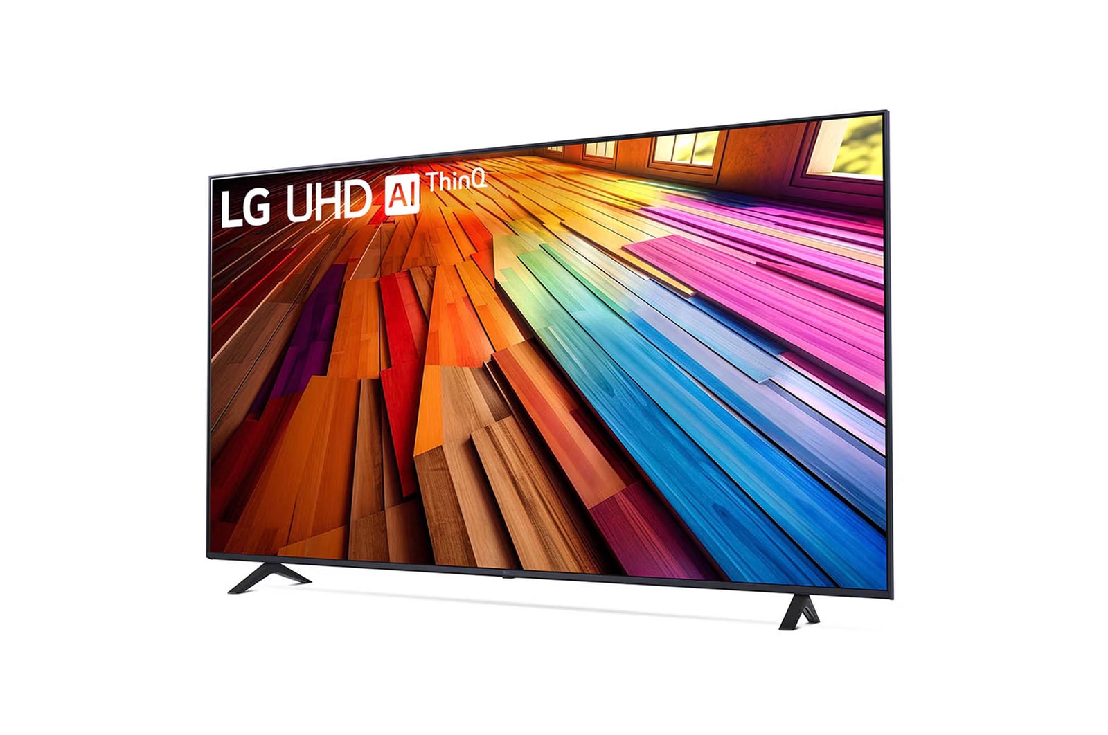 Schräg-vorne-rechts Ansicht des LG UHD AI ThinQ 4K UT80 Smart TV mit lebendiger Ballongrafik auf dem Bildschirm.